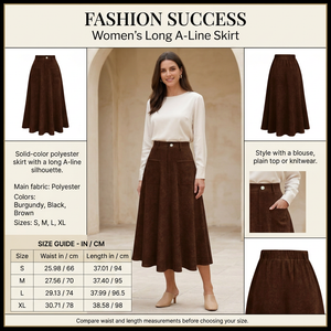 Square long A-line skirt infographic with model and size chart