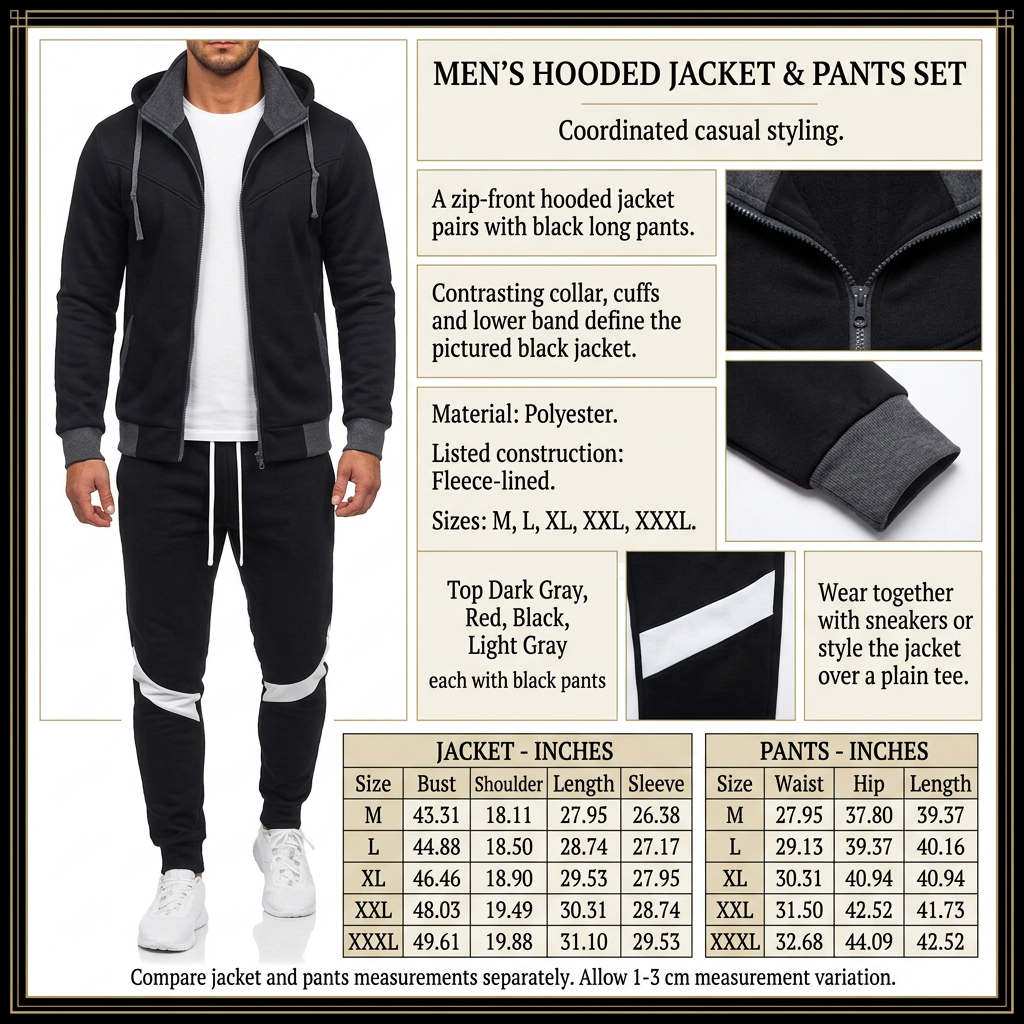 Square men's jacket and pants set infographic with male model, product details and size charts
