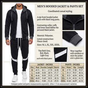 Square men's jacket and pants set infographic with male model, product details and size charts