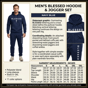 Square Navy Blue Blessed hoodie and jogger infographic with male model, product details and inches-only size chart