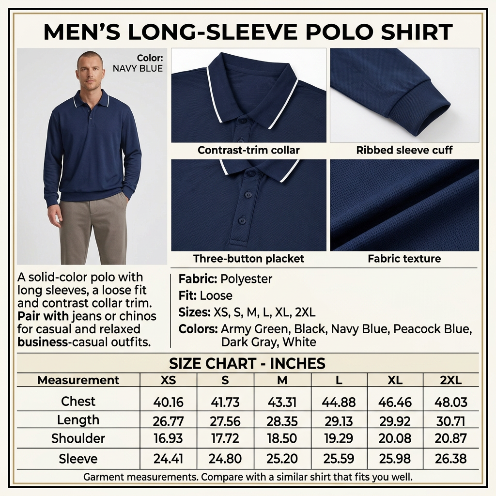 Square navy blue polo infographic using your example layout, with male model, detail closeups, description, and inches-only size chart