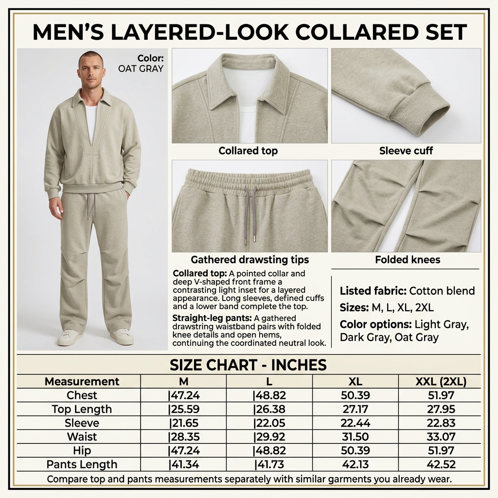 Square Oat Gray collared set infographic with male model, garment close-ups, product descriptions and inches-only size chart