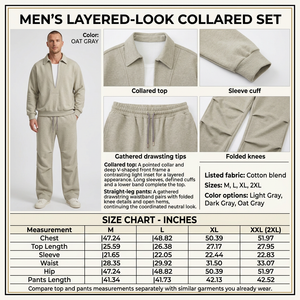 Square Oat Gray collared set infographic with male model, garment close-ups, product descriptions and inches-only size chart