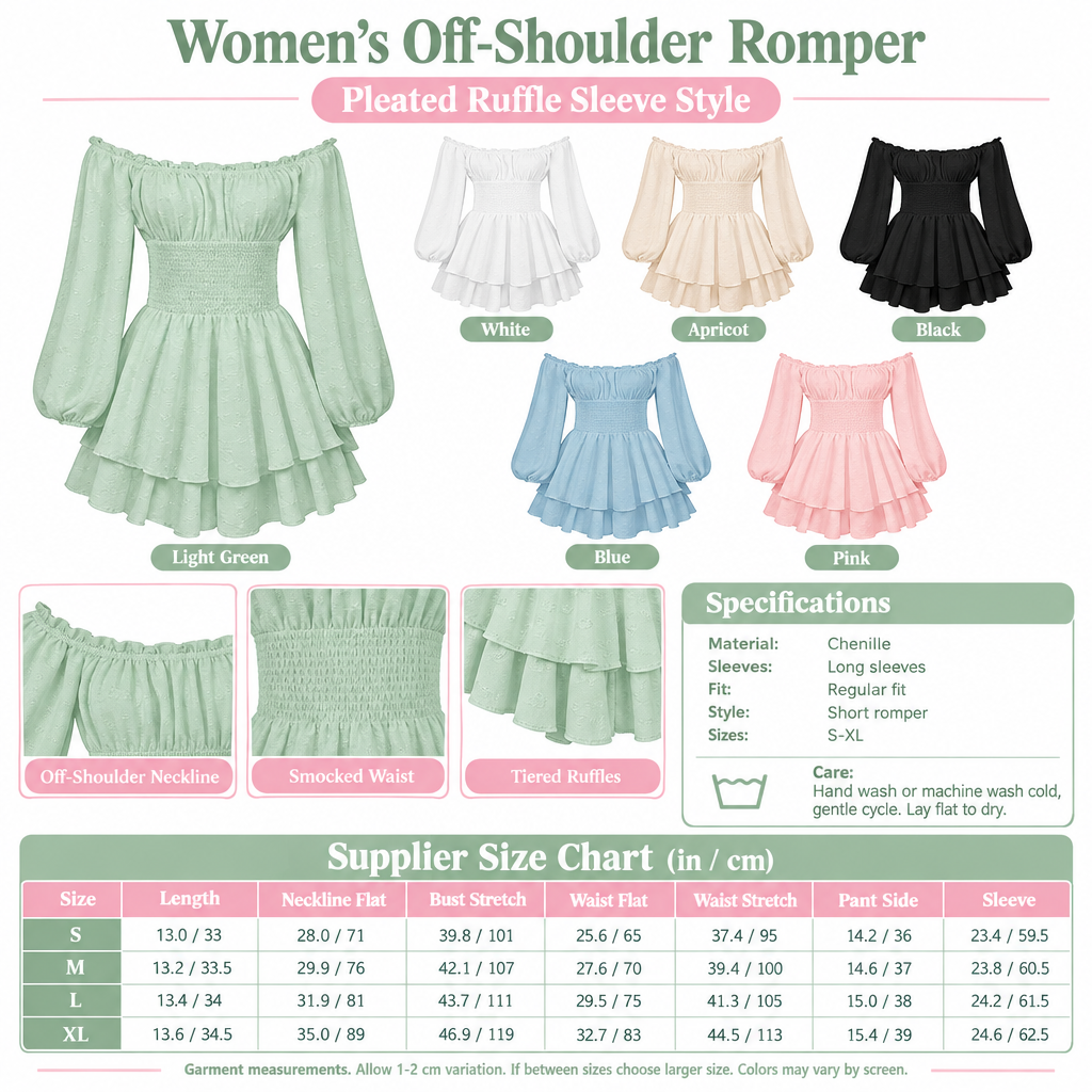 Square off-shoulder ruffle sleeve romper infographic