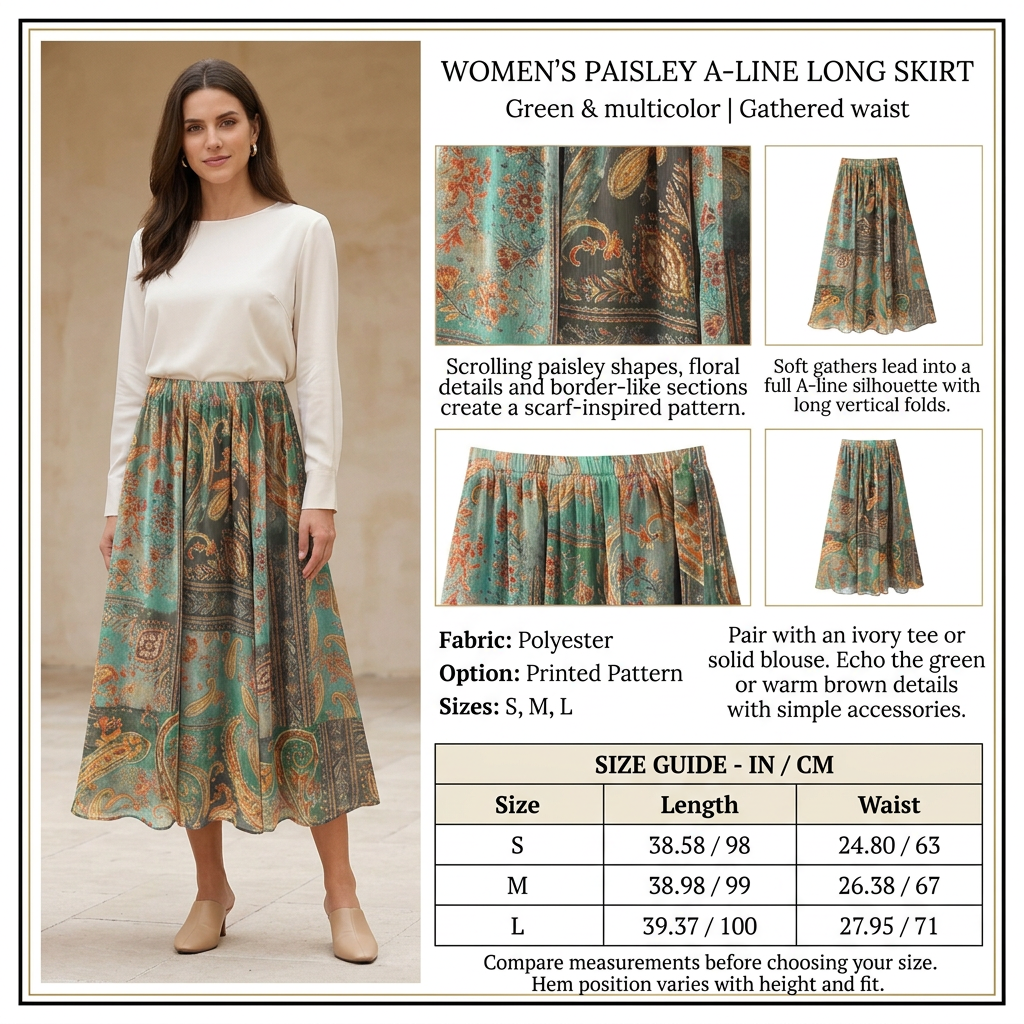 Square paisley skirt infographic with preferred model, product details and size chart
