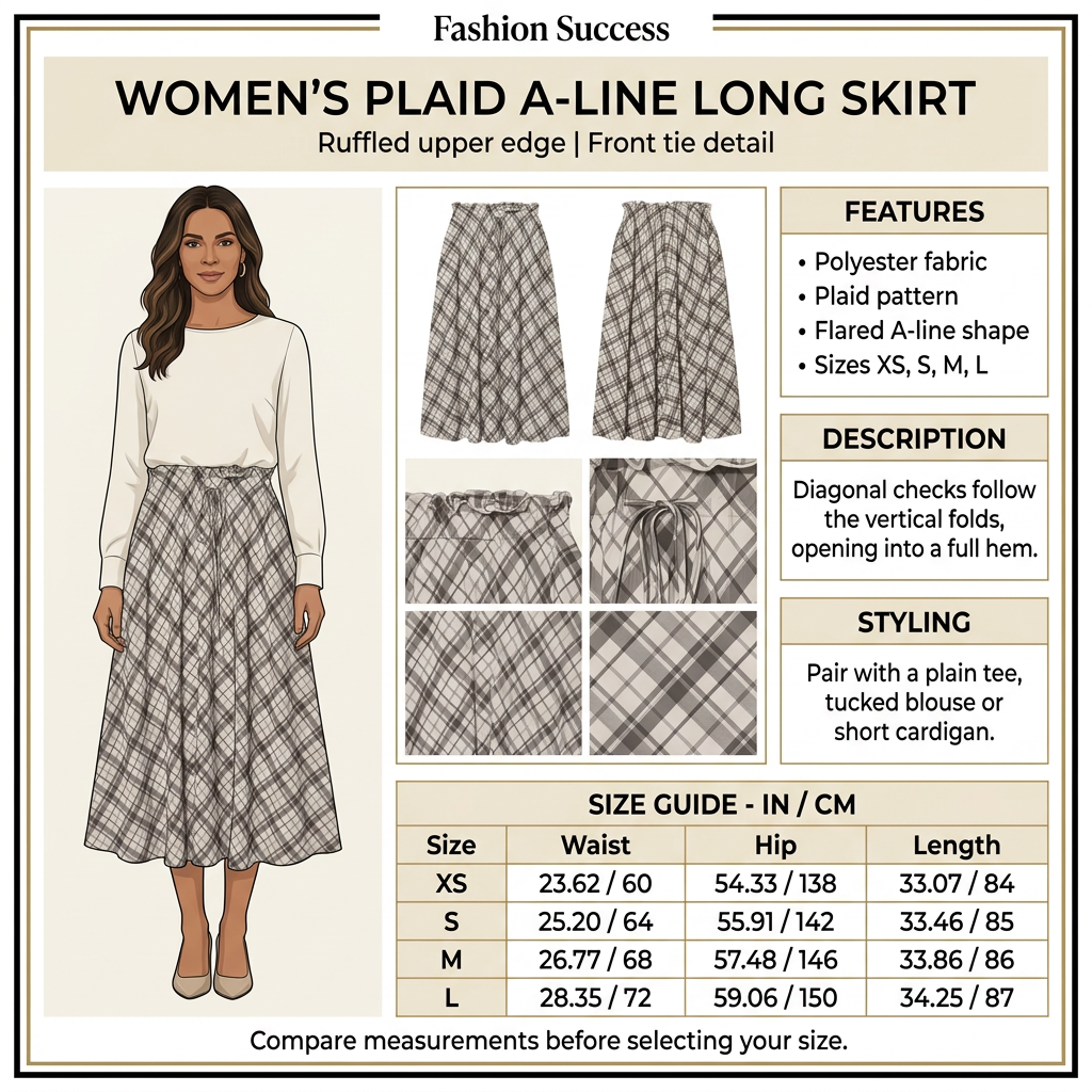 Square plaid long skirt infographic with preferred model, product details and size chart