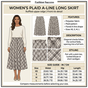 Square plaid long skirt infographic with preferred model, product details and size chart