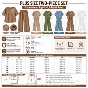 Square Plus Size Embroidered Top and High Waist Pants Set infographic