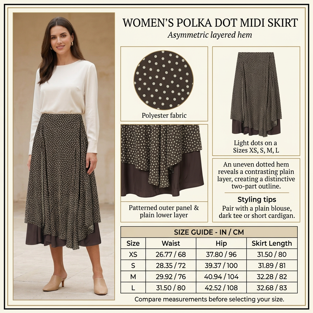 Square polka dot layered midi skirt infographic with preferred model and size chart