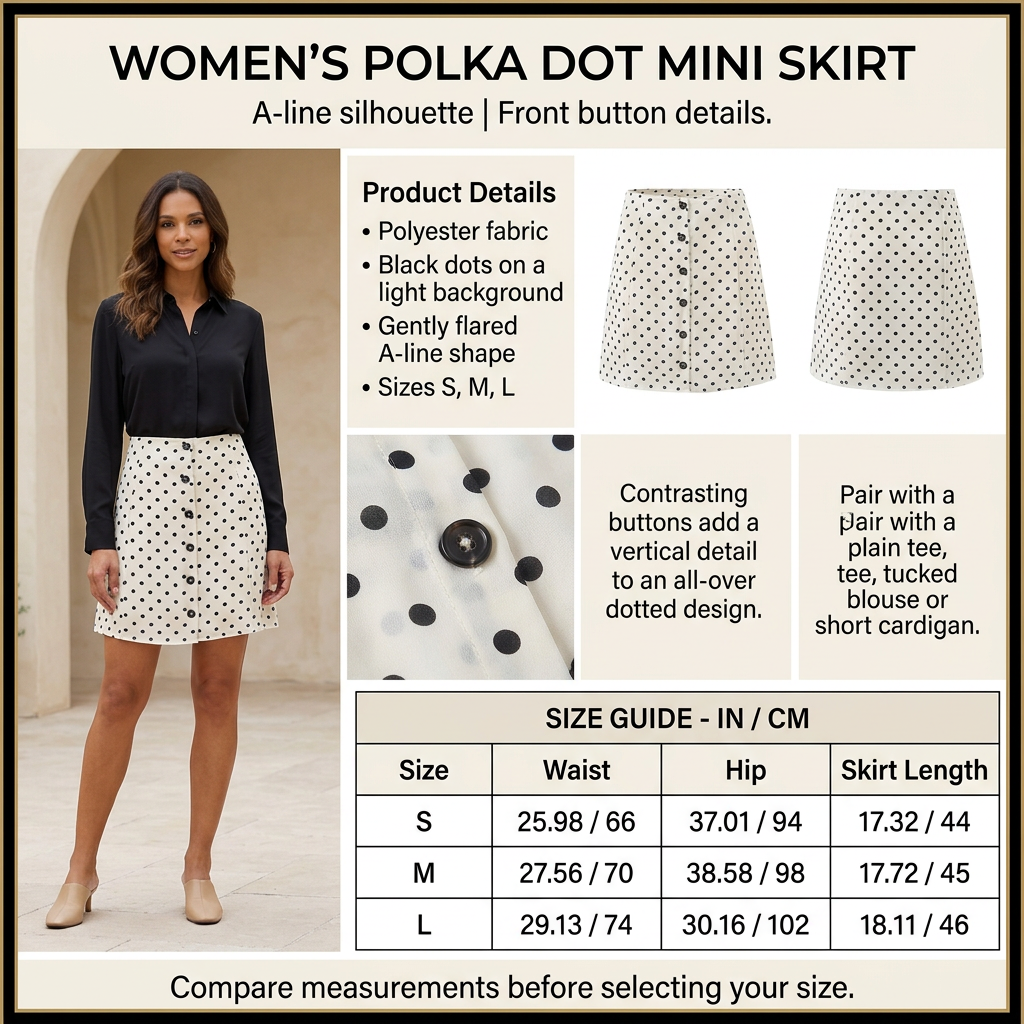 Square polka dot mini skirt infographic with preferred model and size chart