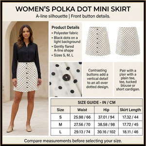 Square polka dot mini skirt infographic with preferred model and size chart
