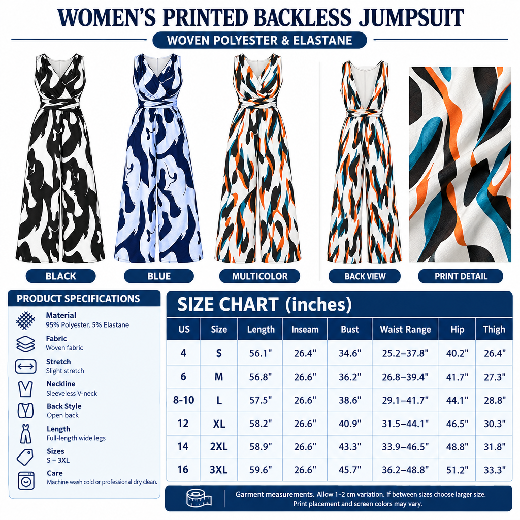 Square printed backless jumpsuit infographic