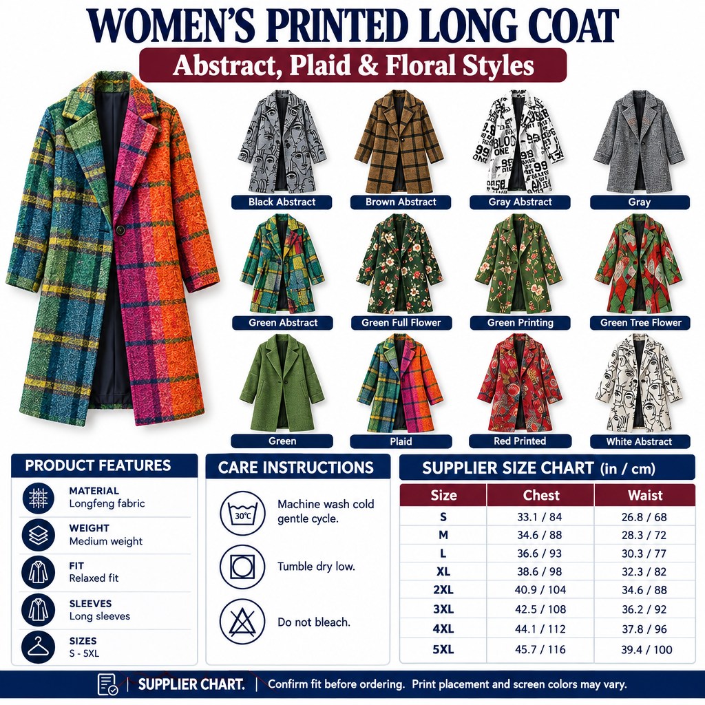 Square printed long coat infographic