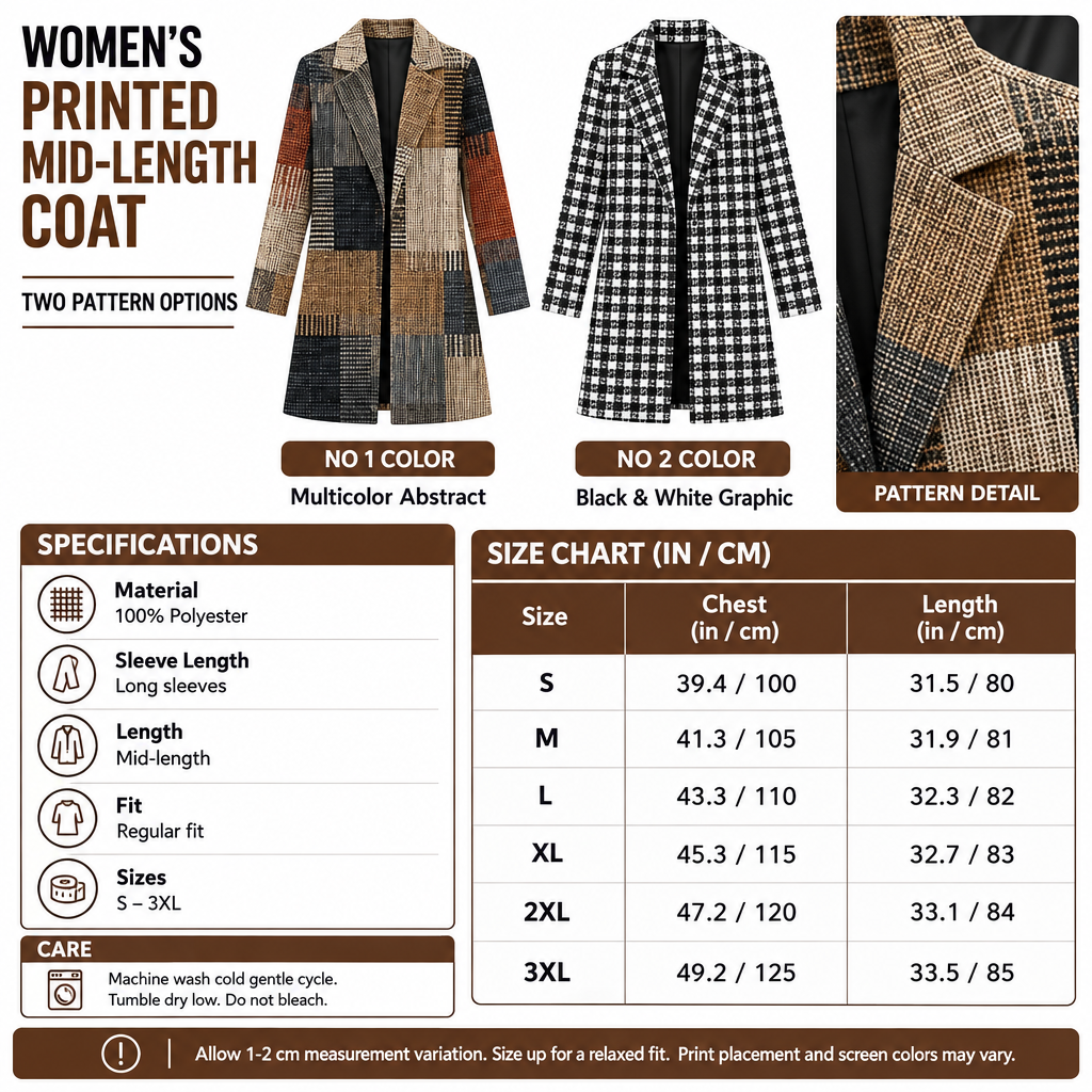 Square printed mid-length coat infographic