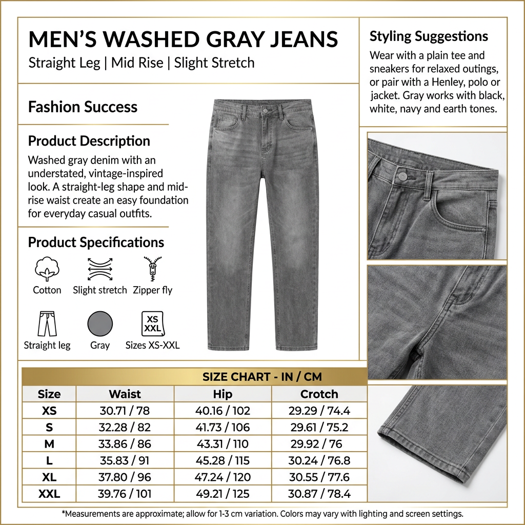 Square product-only gray jeans infographic with detailed copy and full size chart on white