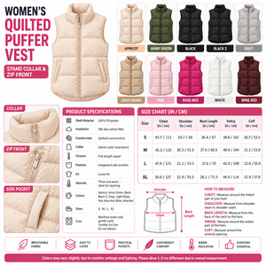 Square quilted puffer vest infographic