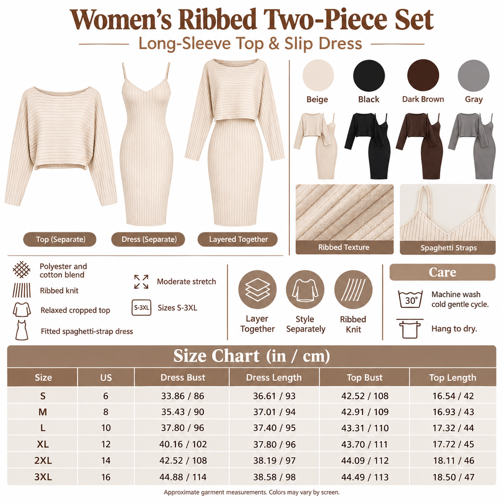 Square ribbed top and slip dress set infographic