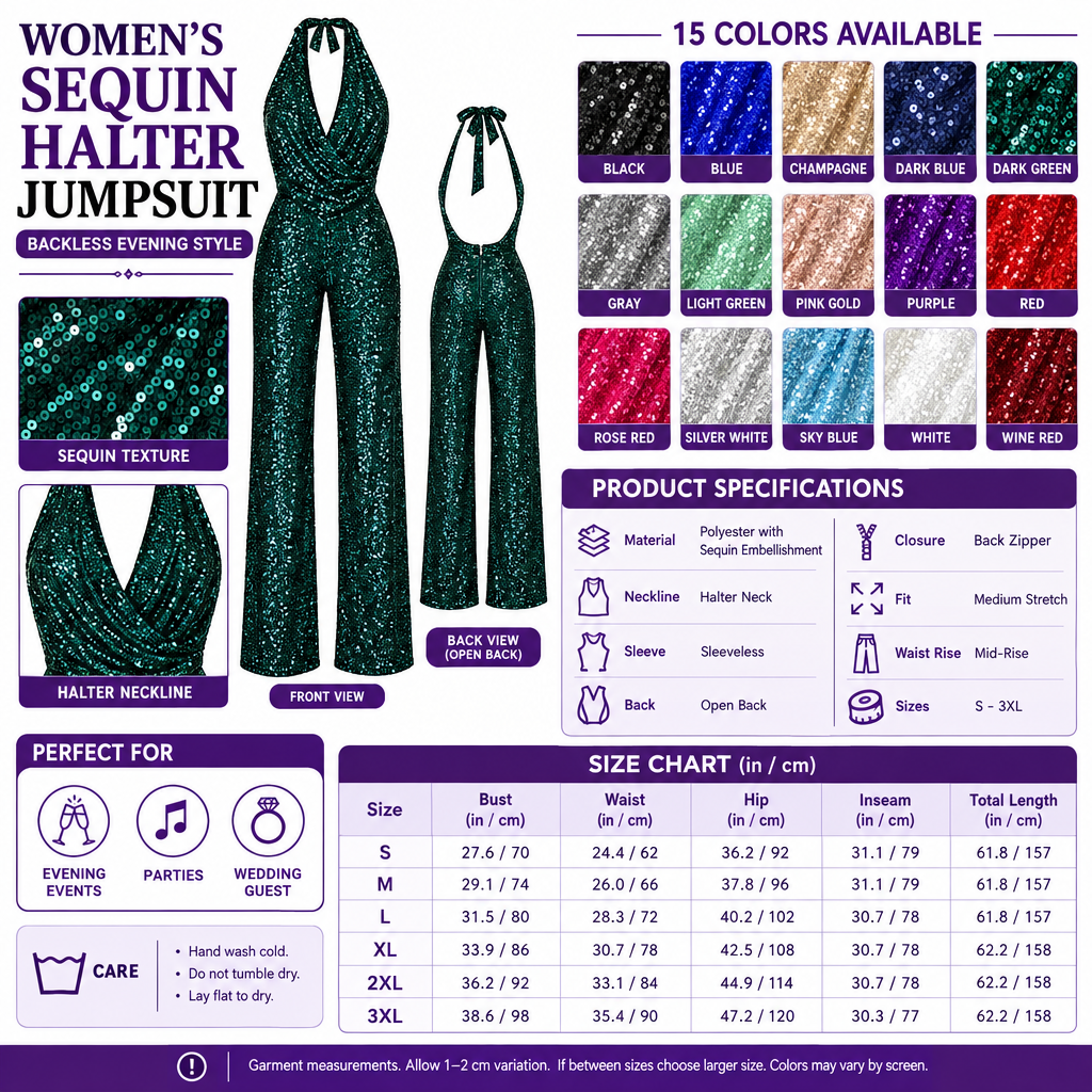 Square sequin halter jumpsuit infographic