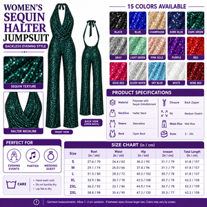Square sequin halter jumpsuit infographic