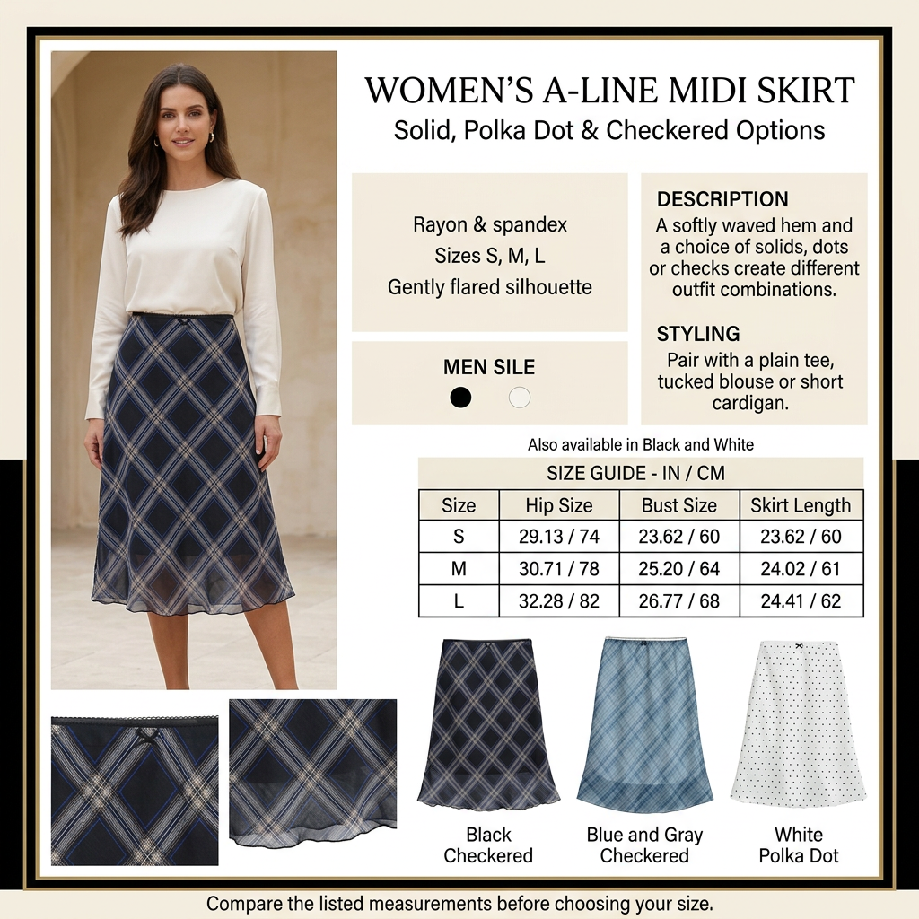 Square skirt infographic with preferred model, product details and size chart