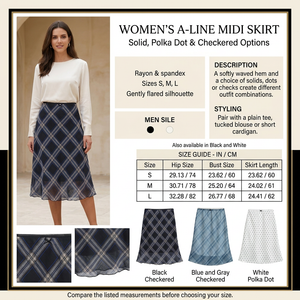Square skirt infographic with preferred model, product details and size chart