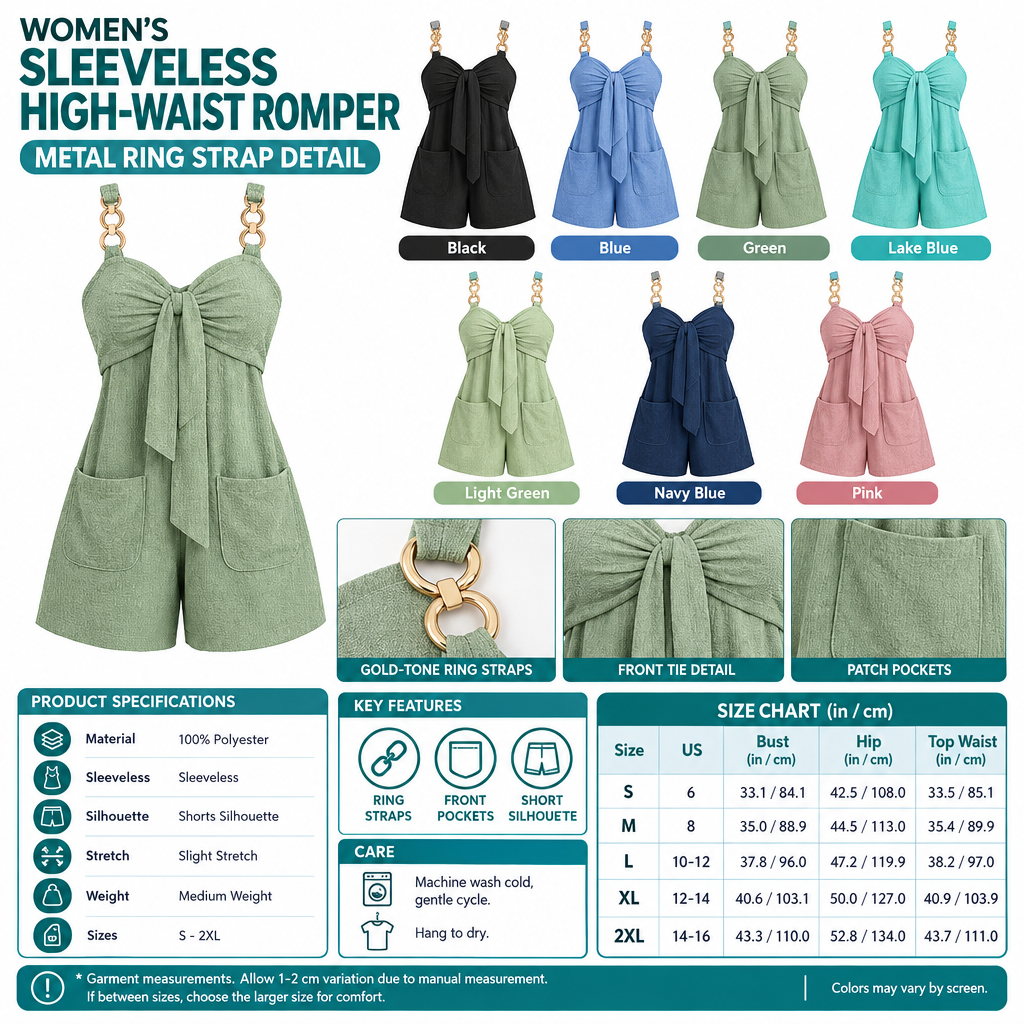 Square sleeveless metal ring strap romper infographic