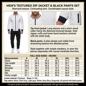 Square textured jacket and black pants infographic with male model, product details and size chart