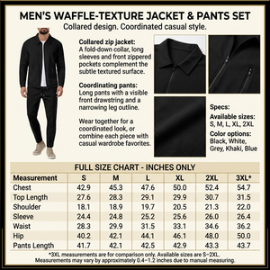 Square waffle-texture jacket and pants infographic with male model, product details and inches-only size chart