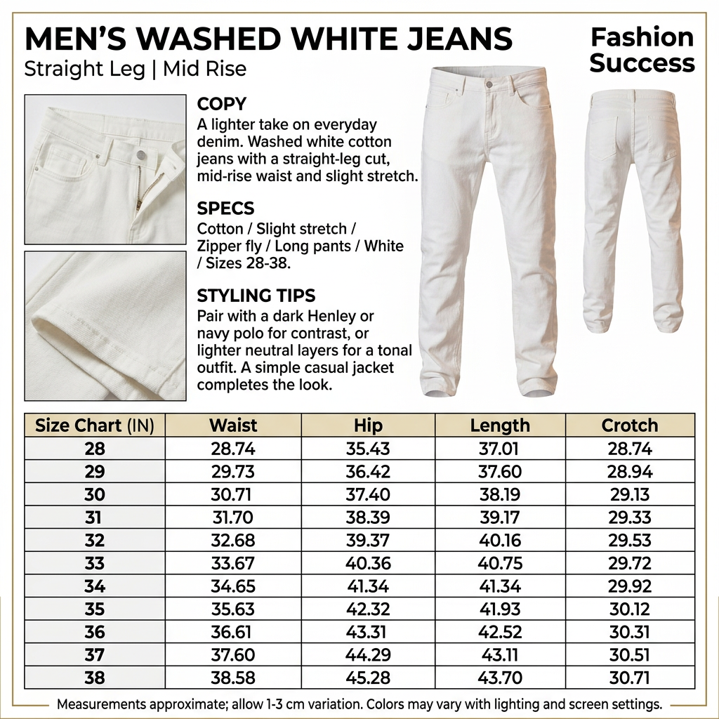 Square white jeans infographic with product-only imagery, descriptive panels, and the full 28–38 inches-only chart