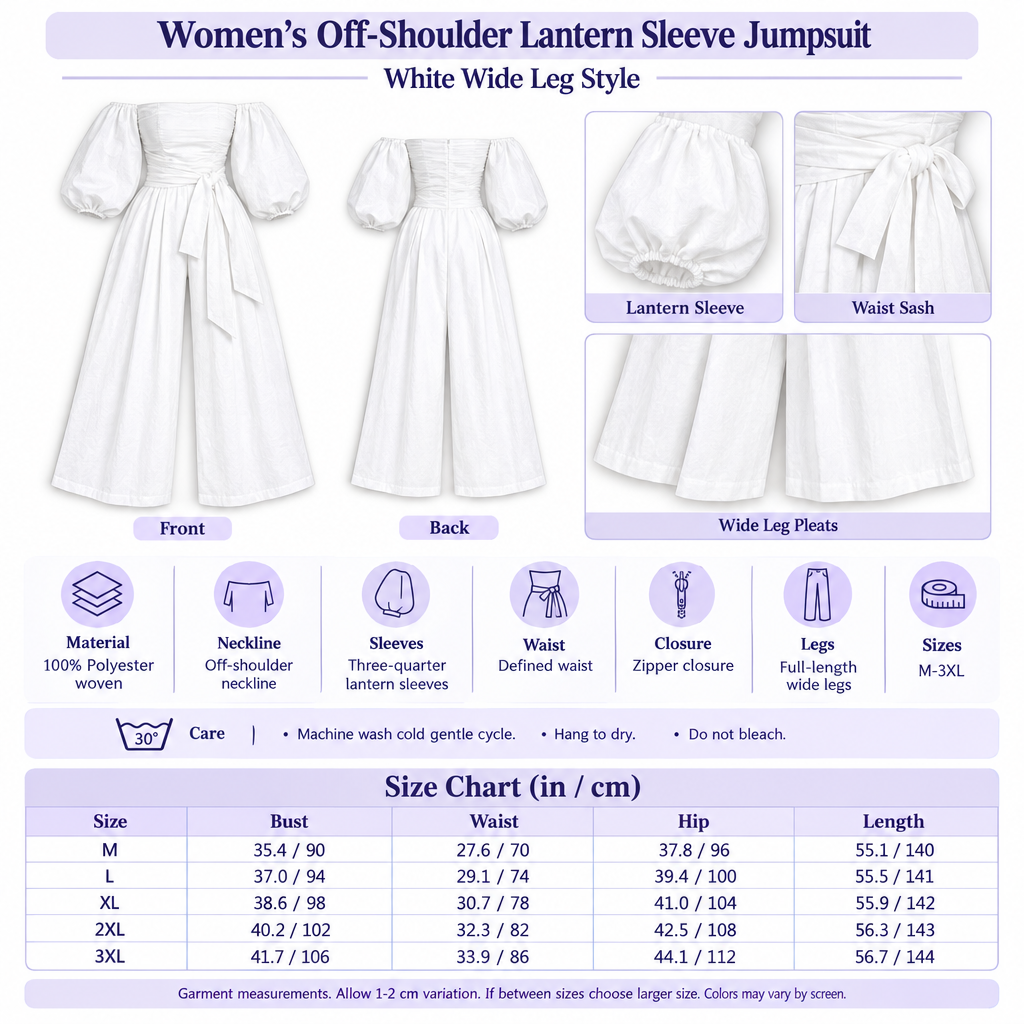 Square white lantern-sleeve jumpsuit infographic