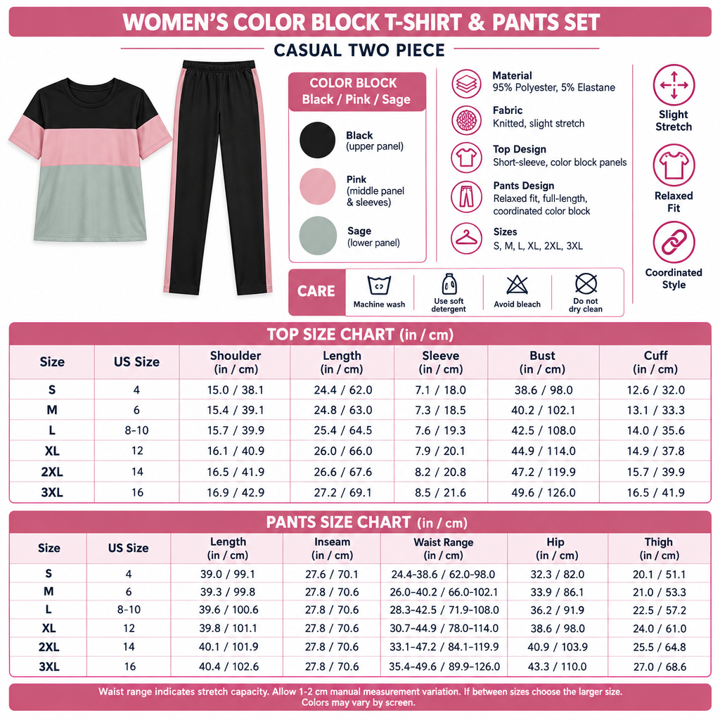 Square Women's Color Block T-Shirt and Pants Set infographic