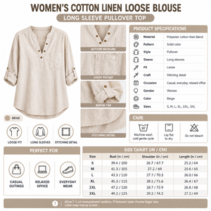Square Women's Cotton Linen Loose Blouse infographic