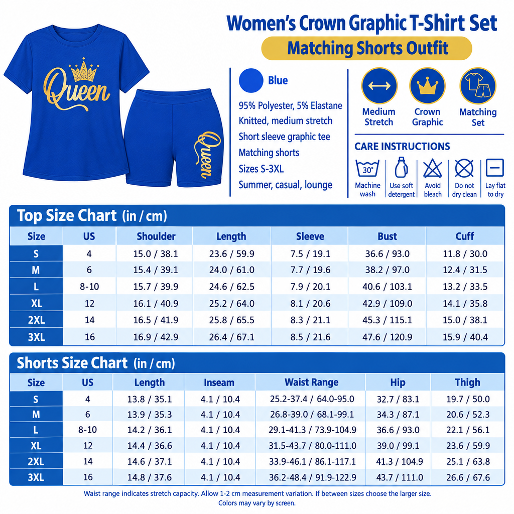 Square Women's Crown Graphic T-Shirt and Shorts Set infographic
