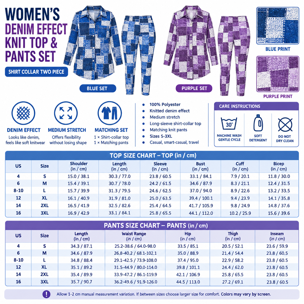 Square Women's Denim Effect Knit Top and Pants Set infographic