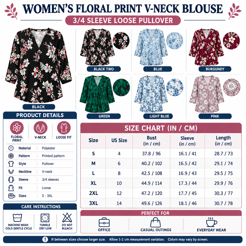 Square Women's Floral Print V-Neck Blouse infographic