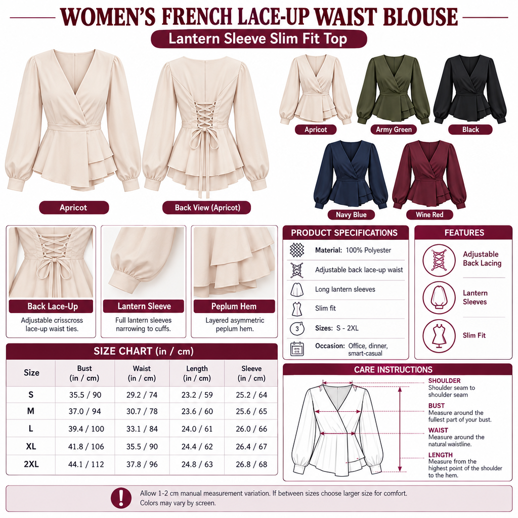 Square Women's French Lace-Up Waist Blouse infographic