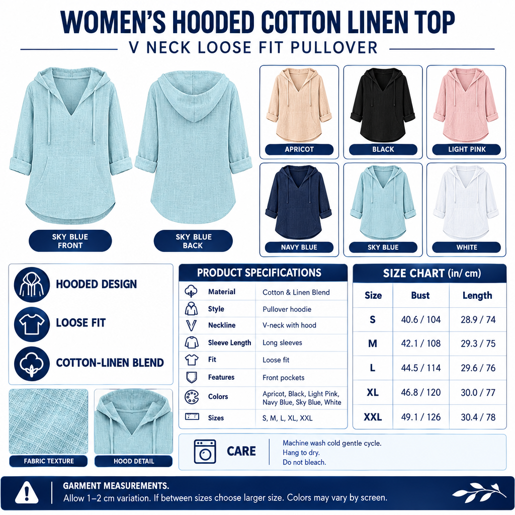 Square Women's Hooded Cotton Linen Top infographic