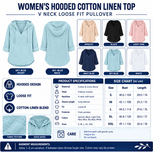 Square Women's Hooded Cotton Linen Top infographic