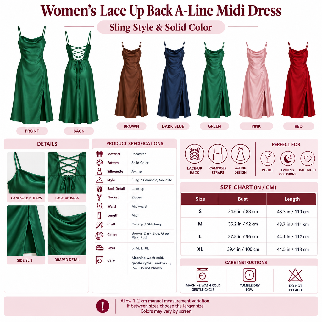 Square Women's Lace Up Back A-Line Midi Dress infographic