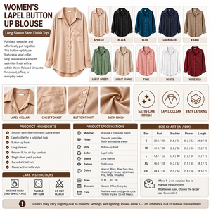 Square Women's Lapel Button Up Satin Finish Blouse infographic