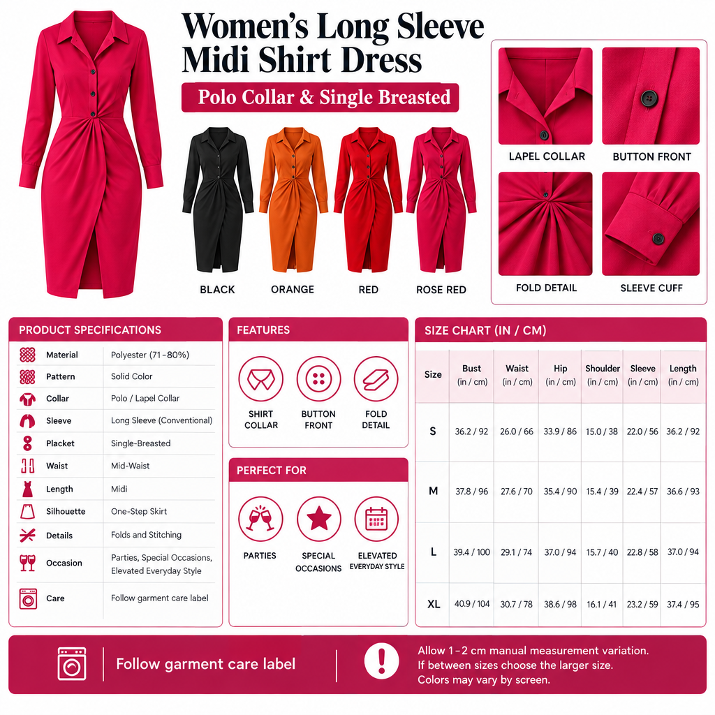 Square Women's Long Sleeve Midi Shirt Dress infographic