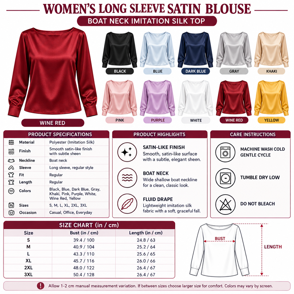Square Women's Long Sleeve Satin Blouse infographic