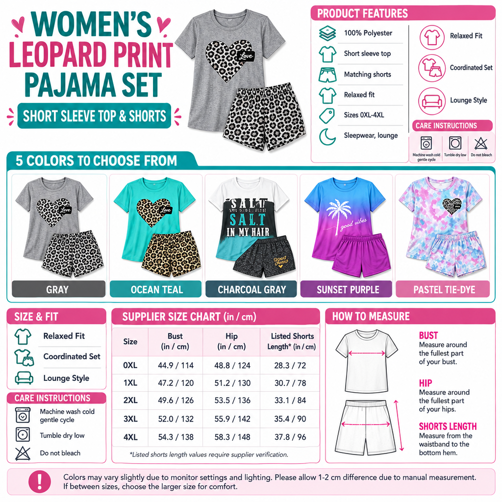 Square Women's Pajama Top and Shorts Set infographic