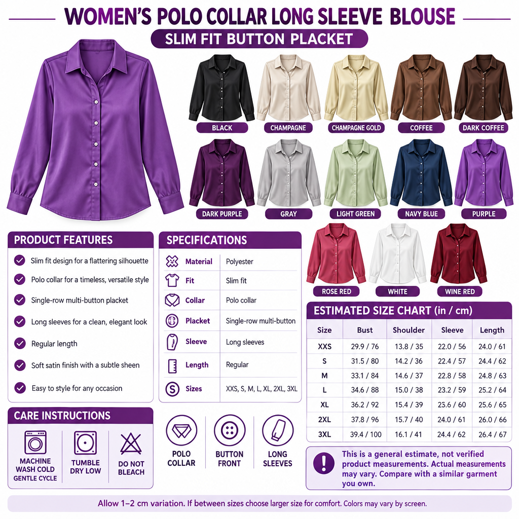 Square Women's Polo Collar Long Sleeve Blouse infographic