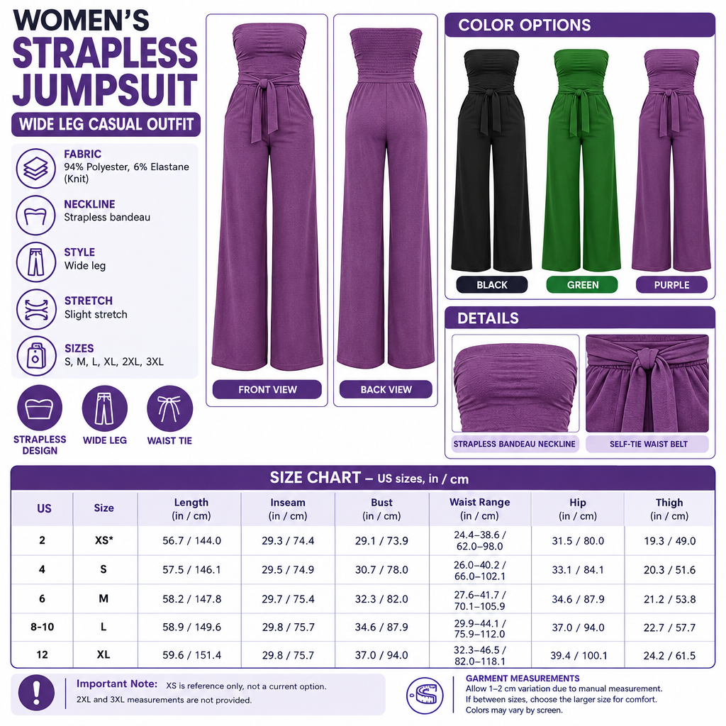 Square Women's Strapless Wide Leg Jumpsuit infographic