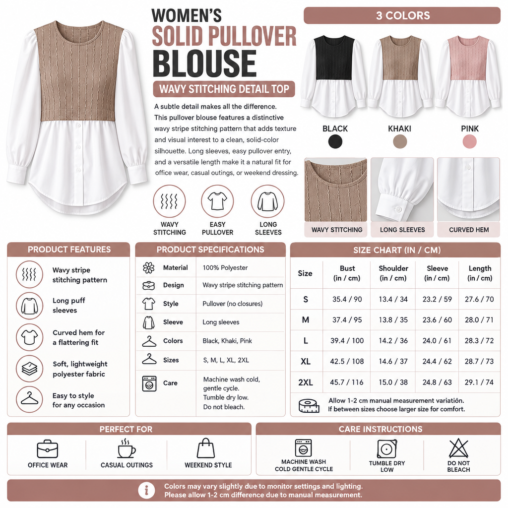 Square Women's Wavy Stitching Pullover Blouse infographic