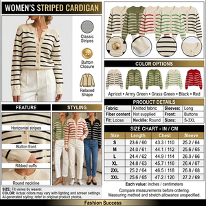Striped cardigan infographic with dual-unit size chart