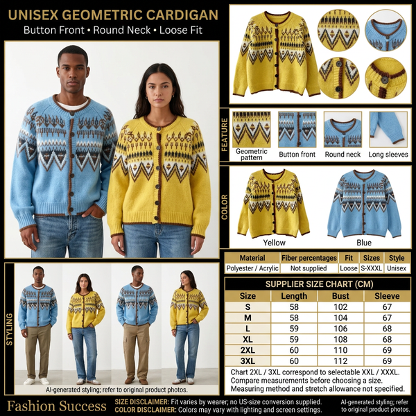 Unisex Geometric Cardigan - Button Front, Yellow or Blue – fashion success
