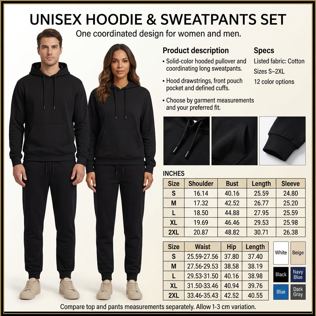 Unisex hoodie and sweatpants infographic with male and female models