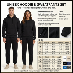 Unisex hoodie and sweatpants infographic with male and female models